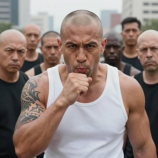 Muscular Man Blowing on Fist with Intense Group Behind