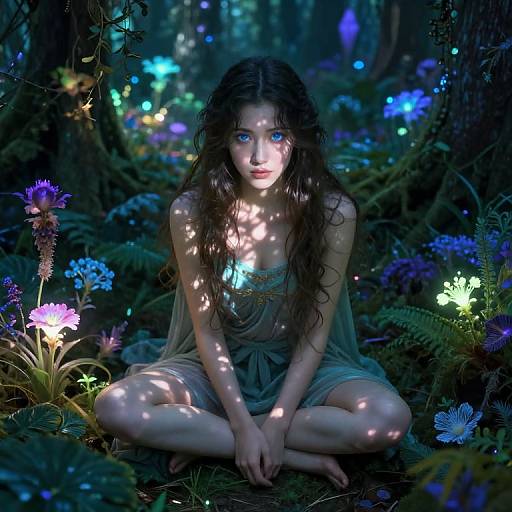 Digital art of a fair-skinned, blue-eyed, long-haired girl in a sheer dress, sitting cross-legged in a dark, enchanted forest with glowing