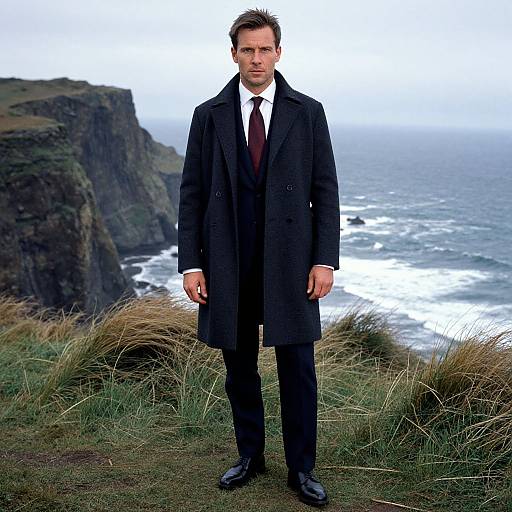 Confident Man in Navy Suit by Cliffs