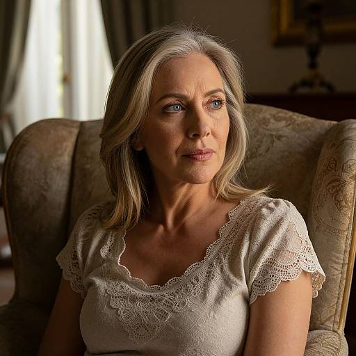Photograph of a middle-aged woman with silver hair, wearing a white lace top, seated in an ornate armchair, looking pensively to the