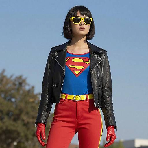 Confident Woman in Superman-Inspired Outfit