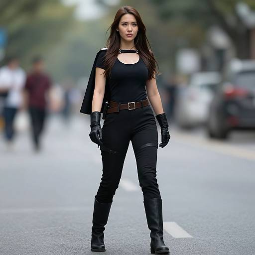 Photograph of a confident, dark-haired woman in black outfit, gloves, belt, boots, standing on a city street with blurred background.