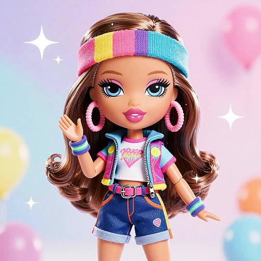 Colorful Barbie doll with long brown hair, rainbow headband, pink hoop earrings, denim shorts, white 