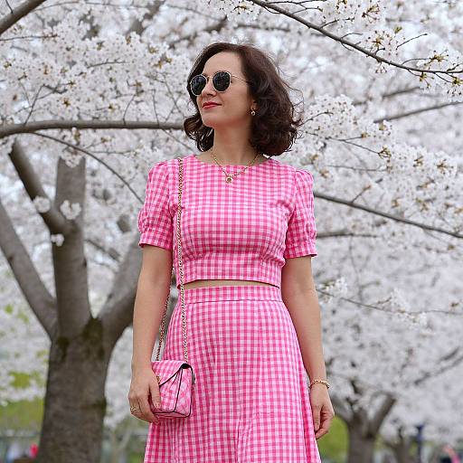 Photograph of a woman with dark wavy hair, wearing round sunglasses, pink gingham dress, and pink purse, standing in front of blooming
