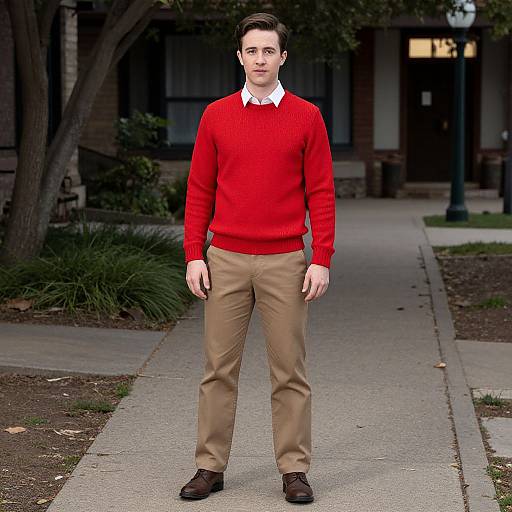 Photograph of a young man with fair skin, black hair, wearing a bright red sweater, white shirt, beige pants, and brown shoes, standing