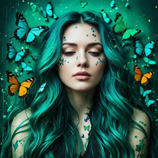 Fantasy Woman with Teal Hair and Butterflies