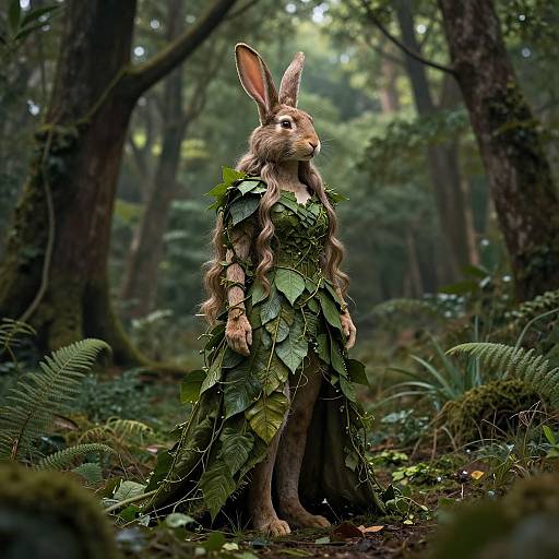 Photorealistic CGI of a brown rabbit standing in a lush, dark forest, adorned with a leafy, green, nature-inspired cloak.
