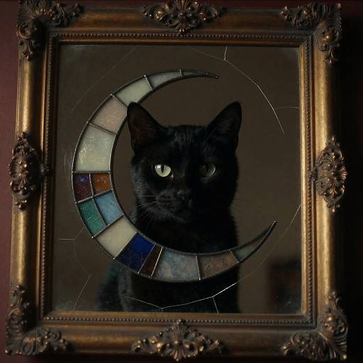 Noir Stained-Glass Crescent Cat in Mirror