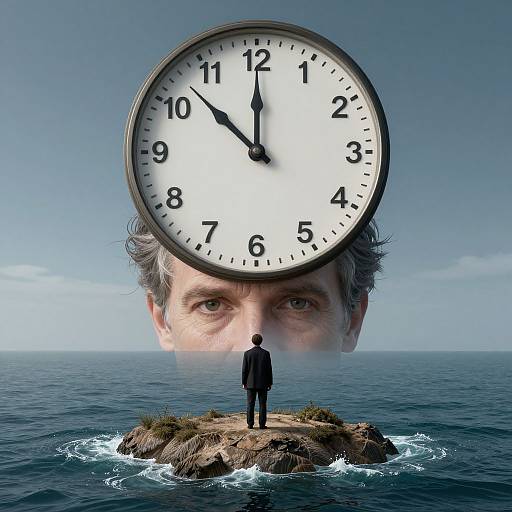Photograph of a man in a suit standing on a rock in the ocean, facing a giant clock with a man's face behind it. Clock shows