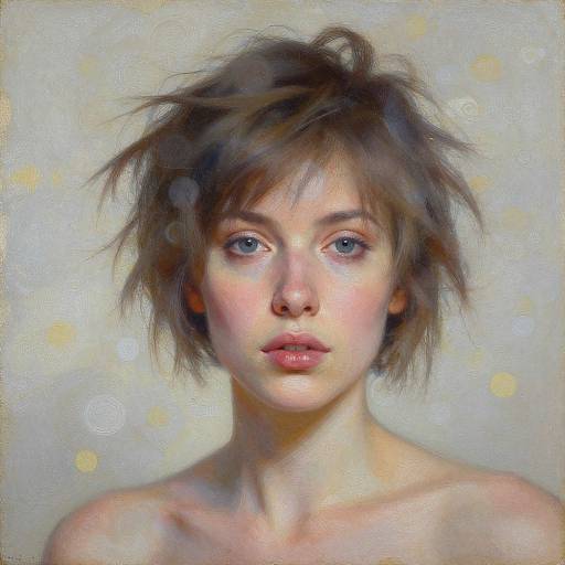 Digital painting of a young woman with short, messy brown hair, blue eyes, and fair skin, against a softly textured, light background.