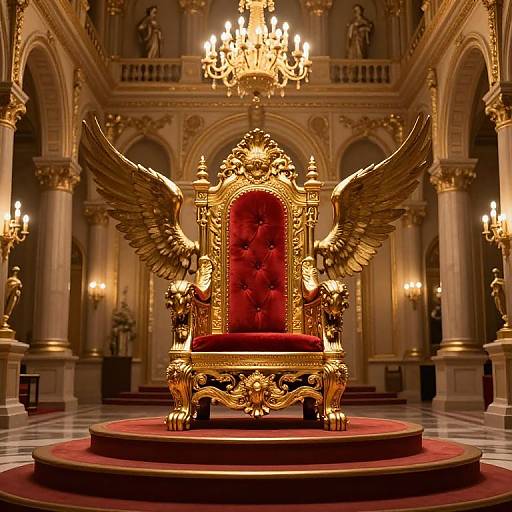 Photograph of an ornate, golden throne with red velvet cushioning and gold wings, centered in an opulent, baroque-style room with ch