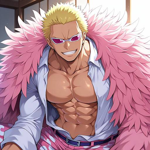 Illustration of Donquixote doflamingo, one piece in the style of Safi