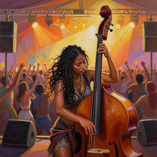 Digital painting of a black woman with long, curly hair playing a double bass on stage, surrounded by a vibrant, dancing crowd under colorful, radiant lights