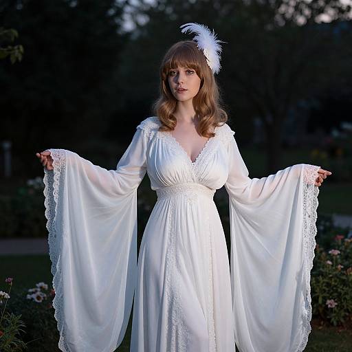 Photograph of a fair-skinned woman with brown wavy hair wearing a white, lace-trimmed, long-sleeved dress and white feather
