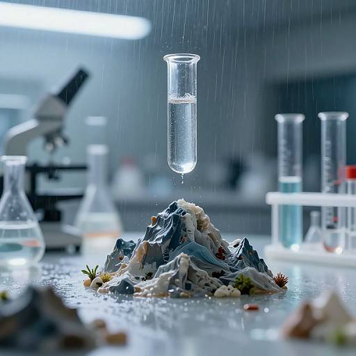 Photograph of a laboratory scene with a floating glass vial over a mountain-like pile of rocks and small plants, illuminated by bright lights, and rain