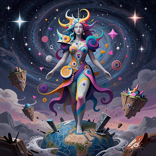 Digital artwork of a colorful, horned goddess with swirling hair, standing on a shattered Earth, surrounded by floating baskets and cosmic stars.
