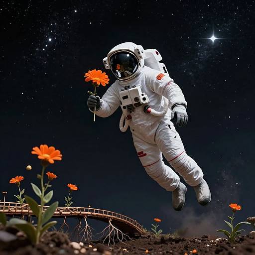 Photograph-like CGI: Astronaut in white spacesuit floats in space, holding orange flower, with starry background, and small bridge below.