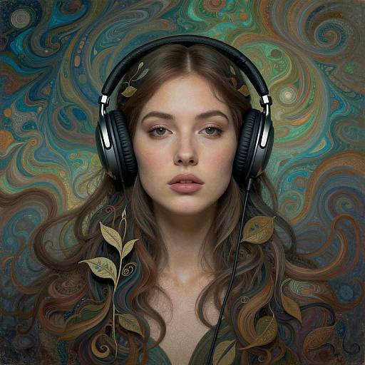 Digital artwork of a fair-skinned, brown-haired woman with wavy hair, wearing black headphones, set against a swirling, abstract blue-green background with