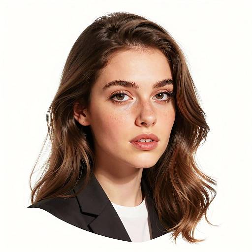 Photorealistic digital portrait of a young woman with fair skin, brown wavy hair, brown eyes, wearing a black blazer and white shirt,