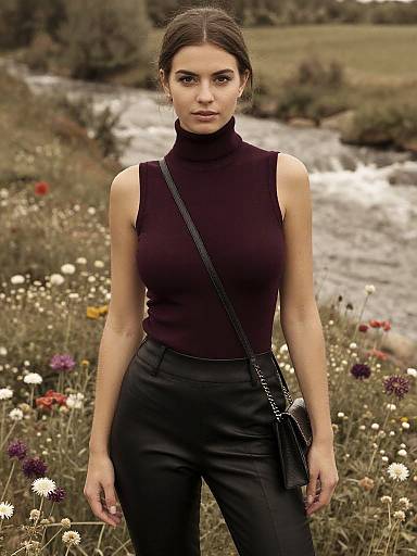 Photograph of a young woman with dark hair in a bun, wearing a sleeveless burgundy turtleneck and black high-waisted pants,