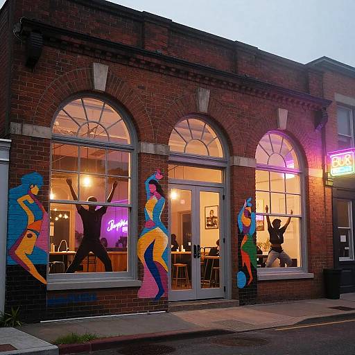 Photograph of a brick building at dusk, featuring vibrant, colorful graffiti of dancing figures in front of large arched windows with neon signs inside.