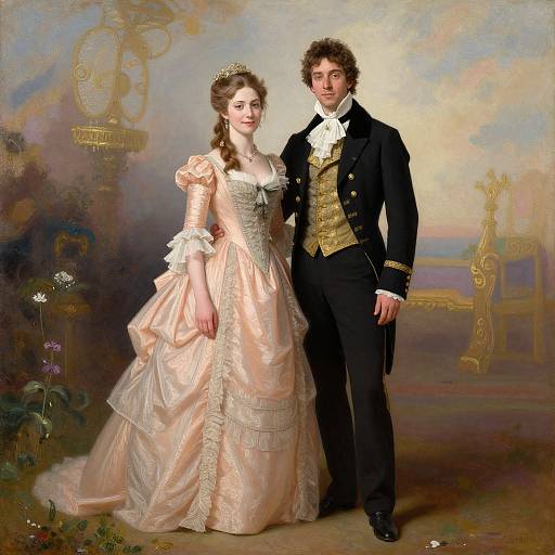 Portrait of a regal couple: elegant woman in peach satin gown with white lace, curly brown hair, and tiara, standing beside a tall,