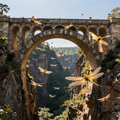 Majestic Stone Arch with Golden Dragonflies