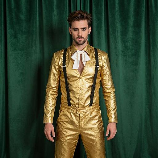 Golden Outfit Man by Green Curtain