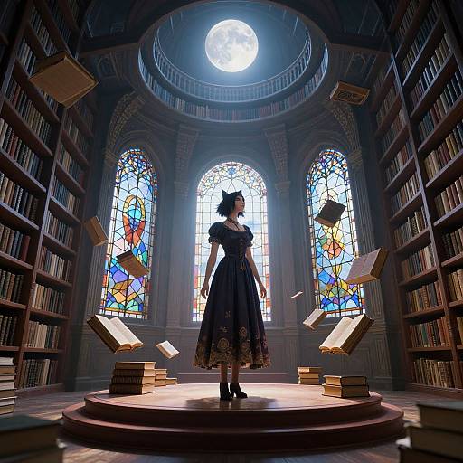 Digital artwork of a gothic-style woman in a black dress and hat, standing on a stage in a dimly lit library with floating books, stained