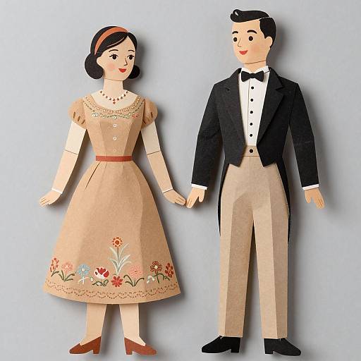 Cartoon-style digital drawing of a 1940s couple, woman in beige floral dress, brown shoes; man in black tuxedo, white
