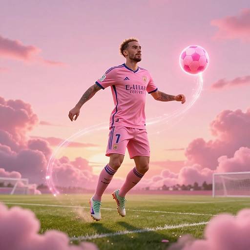Photograph of a male soccer player in pink Real Madrid kit, mid-kick, against a pink sunset sky with glowing clouds.
