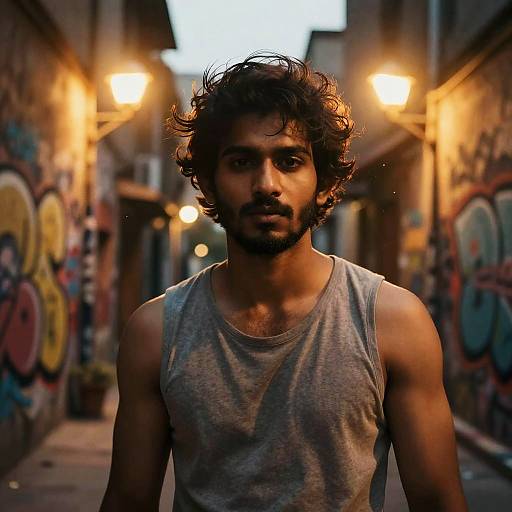 Photograph of a curly-haired, bearded man in a gray tank top standing in a graffiti-laden, dimly lit alley with warm streetlights