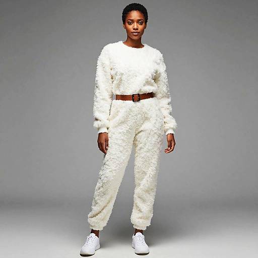 Photograph of a confident Black woman with short hair, wearing a fluffy white sweater and pants set, brown belt, and white sneakers, standing against a