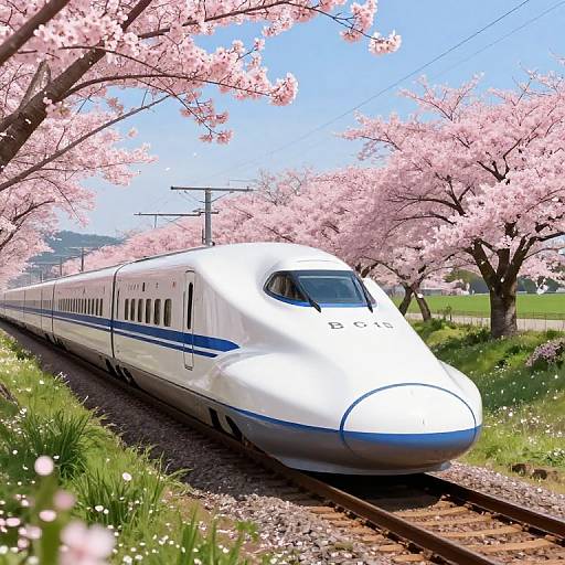 Photograph of a sleek white Shinkansen bullet train traveling through a vibrant, cherry blossom-filled countryside under a clear blue sky.