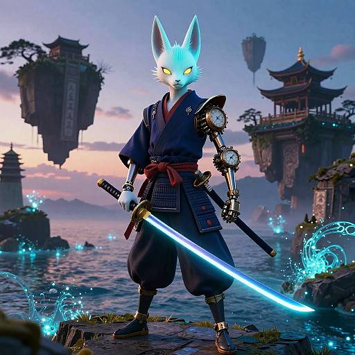 Bioluminescent Kitsune Samurai Amid Floating Ruins