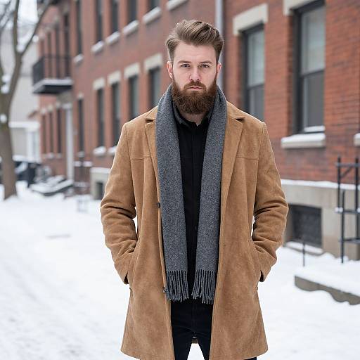 Bearded Man in Snowy Urban Street
