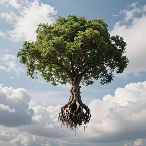 Photograph of a large, green-leaved tree with exposed, tangled roots floating in a bright blue sky with scattered white clouds.