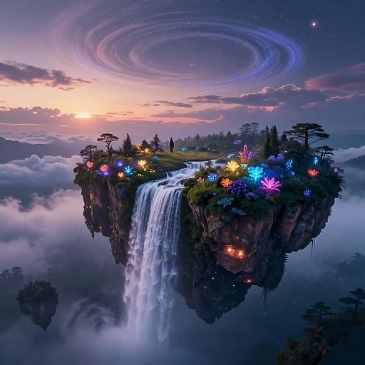 Digital fantasy artwork: floating island with waterfall, glowing flowers, trees, and spiral galaxy at sunset, surrounded by clouds and distant mountains.