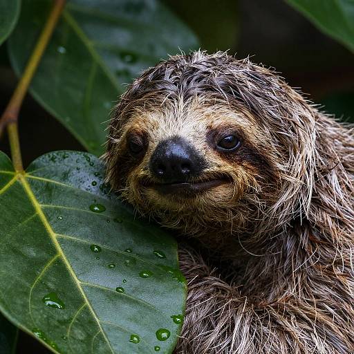 Close-up photograph of a wet, brown, and beige sloth with shaggy fur, resting its head on a large, green, raindrop