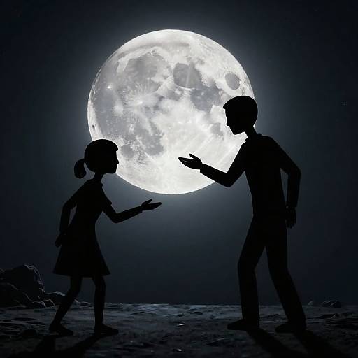 Silhouetted child and adult under bright full moon, reaching hands towards each other, standing on rocky landscape at night. Digital artwork.