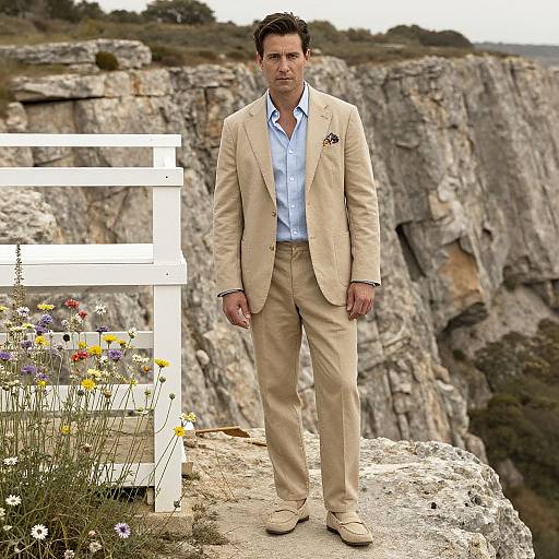 Photograph of a handsome man in a light beige suit, blue shirt, standing on a rocky cliff with wildflowers and a white fence. Background:
