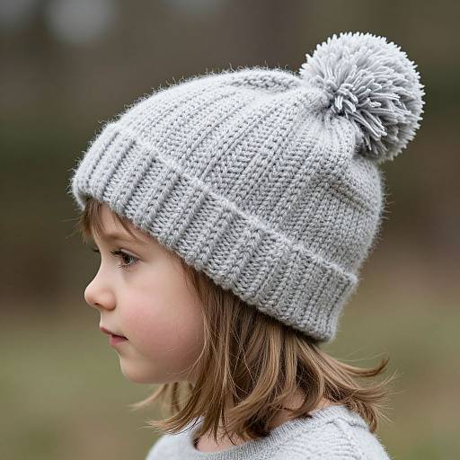 Photograph of a young child with light brown hair wearing a gray knitted beanie with a fluffy pom-pom, profile view, outdoors.