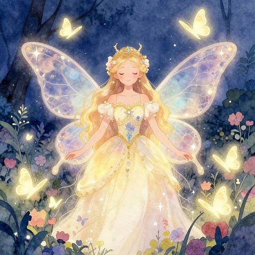 Digital painting of a glowing fairy queen with translucent wings, golden hair, and floral crown, surrounded by luminescent butterflies and vibrant flowers in a moon