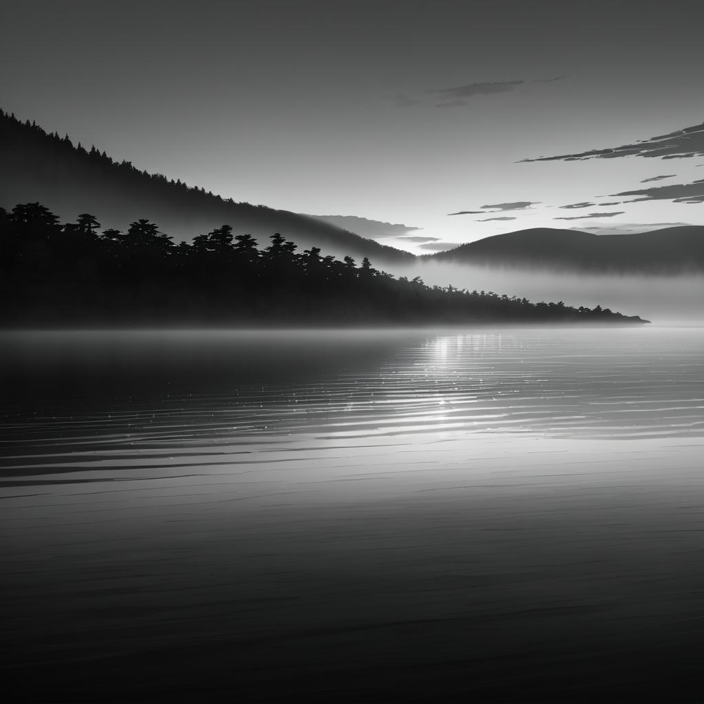 Tranquil Lakeshore in Twilight Fog