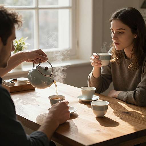 Photograph of a sunlit kitchen: man pouring tea from a steaming kettle into a cup held by a focused woman in a gray sweater.