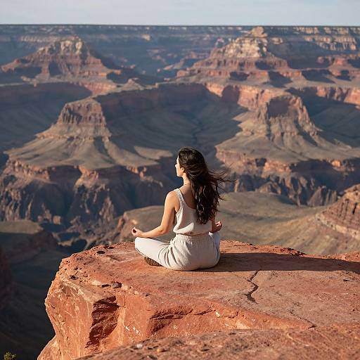 Photograph of a woman with long black hair, wearing a white tank top and pants, sitting in meditation on a red rock cliff, overlooking the vast