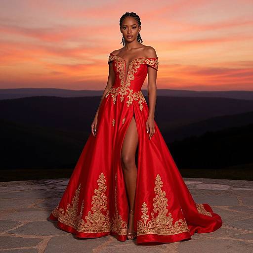 Elegant Woman in Red Gown at Sunset