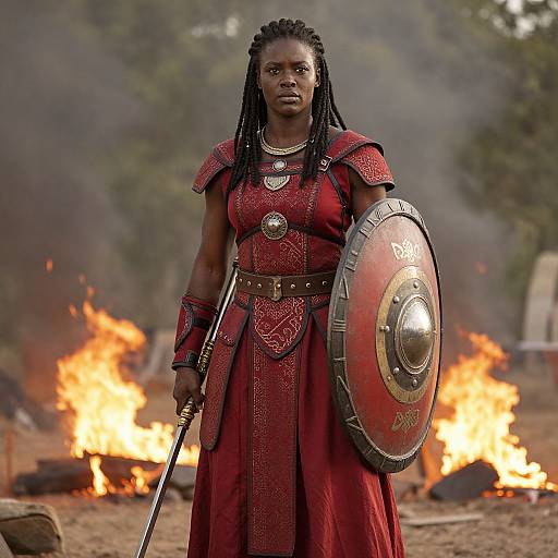 Photograph of a fierce African warrior woman with braided hair, wearing red armor and holding a shield and sword, standing in front of burning fires in
