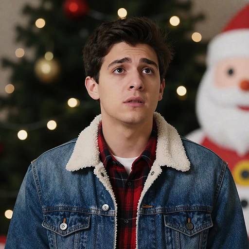 Young Man in Denim Jacket with Christmas Lights