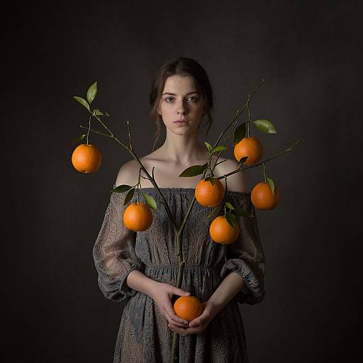Photograph of a fair-skinned woman with dark brown hair, wearing an off-shoulder, patterned dress, holding a branch with seven oranges